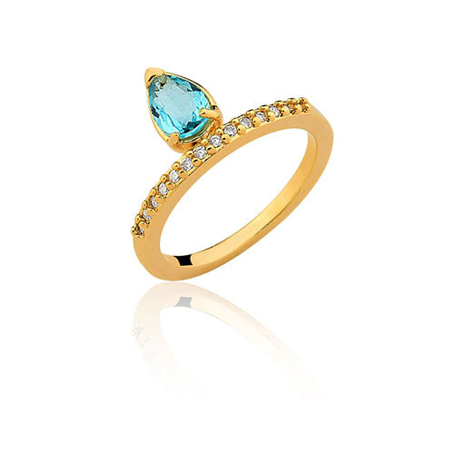 Anel Ouro Aro Cravejado Gota Aquamarine